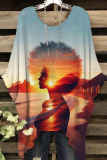 Grey Casual Figure Print O Neck Batwing Sleeve Irregular Hem Oversize T-shirt