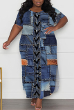 Blue Khaki Casual African Denim Print V Neck Short Sleeve Side Slit Loose T-Shirt Maxi Dress