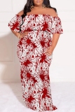 Orange Halloween Skull Pumpkin Print Off Shoulder Flutter Sleeve Casual Plus Size Loose Maxi Dresses