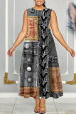 Blue Khaki Casual Denim Print Sleeveless O Neck Long A Line Pleated Midi Tank Dresses