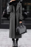 Dark Gray Casual Turn-back Collar Long Sleeve Pocket Buttons Longline Woolen Coat