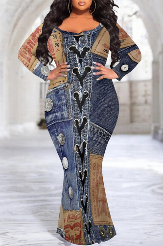 Multicolor Faux Denim Print V Neck Long Sleeve Fishtail Hem Plus Size Bodycon Maxi Dresses