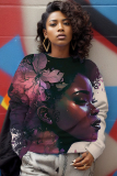 Purple Casual Figure Print O Neck Long Sleeve Winter Fall Sweatshirt