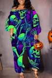 Purple Casual Halloween Skull Head Print Off Shoulder Long Sleeve Vacation Loose Harem Jumpsuit
