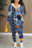 Blue Khaki Casual Faux Denim Print Hooded Long Sleeve Zipper Jackets And Sweatpants Sportwear Two Pieces Jogger Sets