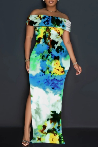 Blue Floral Print Sleeveless Backless Off Shoulder High Slit Floor Length Vacation Long Bodycon Maxi Dress