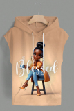 Dark Khaki Casual Graphcis Print Sleeveless Irregular Hem Oversize Hooded T-shirt