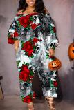 Purple Casual Halloween Skull Head Print Off Shoulder Long Sleeve Vacation Loose Harem Jumpsuit