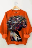 Orange Casual Figure Print Basic O Neck Long Sleeve Fall Winter Sweatshirt