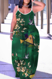 Dark Green Graphics Print Backless Spaghetti Strap Floor Length Vacation Baggy Sundress Slip Maxi Dress