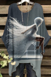 Grey Casual Figure Print O Neck Batwing Sleeve Irregular Hem Oversize T-shirt