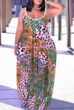 Dark Green Graphics Print Backless Spaghetti Strap Floor Length Vacation Baggy Sundress Slip Maxi Dress