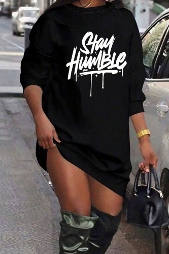 Black Casual Letters Print O Neck Long Sleeve Straight Mini T-shirt Dresses