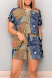 Light Blue Casual Leopard Print O Neck Short Sleeve Draw String Pocket Loose T-shirt Rompers