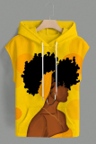 Yellow Casual Graphcis Print Sleeveless Irregular Hem Oversize Hooded T-shirt