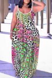Dark Green Graphics Print Backless Spaghetti Strap Floor Length Vacation Baggy Sundress Slip Maxi Dress