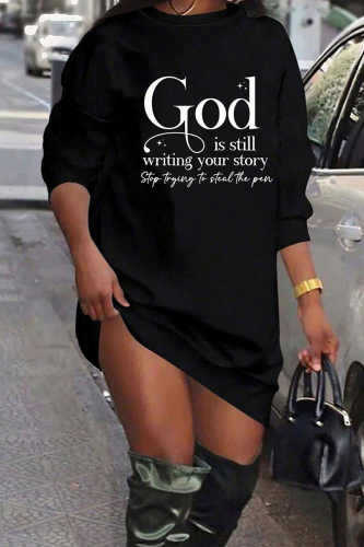 Black Casual Letter Print O Neck Long Sleeve Straight Mini Sweatshirt Dresses