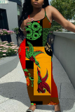 Rose Red Sleeveless Casual Graphcis Print Backless Spaghetti Strap Long Bodycon Maxi Slip Dress