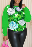 Green Casual Floral Print O Neck Long Sleeve Winter Fall Sweatshirt