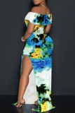 Blue Floral Print Sleeveless Backless Off Shoulder High Slit Floor Length Vacation Long Bodycon Maxi Dress