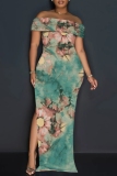 Light Purple Floral Print Sleeveless Backless Off Shoulder High Slit Floor Length Vacation Long Bodycon Maxi Dress