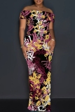 Blue Floral Print Sleeveless Backless Off Shoulder High Slit Floor Length Vacation Long Bodycon Maxi Dress