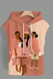 Khaki Casual Graphcis Print Sleeveless Irregular Hem Oversize Hooded T-shirt