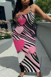 Black Red Sleeveless Casual Love Print Backless Spaghetti Strap Long Bodycon Maxi Slip Dress