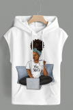 Khaki Casual Graphcis Print Sleeveless Irregular Hem Oversize Hooded T-shirt