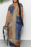 Dark Blue Faux Denim Print Pocket V Neck Short Sleeve Plus Size Loose Straight Maxi Dresses
