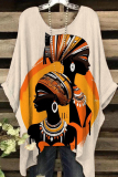 Brown Casual Figure Print O Neck Batwing Sleeve Irregular Hem Oversize T-shirt