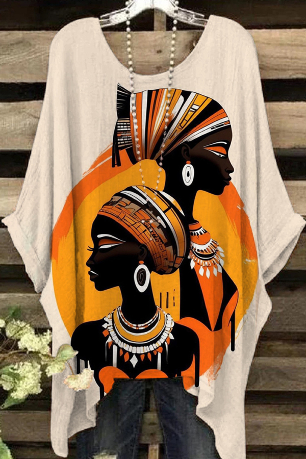 Brown Casual Figure Print O Neck Batwing Sleeve Irregular Hem Oversize T-shirt