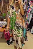 Pink Casual Street Letters Leopard V Neck A Line Short Sleeve Irregular Hem Vacation Midi Shirt Dress