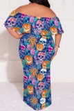 Orange Halloween Skull Pumpkin Print Off Shoulder Flutter Sleeve Casual Plus Size Loose Maxi Dresses