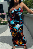 Rose Red Sleeveless Casual Graphcis Print Backless Spaghetti Strap Long Bodycon Maxi Slip Dress