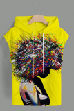 Yellow Casual Graphcis Print Sleeveless Irregular Hem Oversize Hooded T-shirt