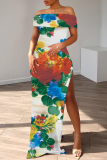 Blue Floral Print Sleeveless Backless Off Shoulder High Slit Floor Length Vacation Long Bodycon Maxi Dress