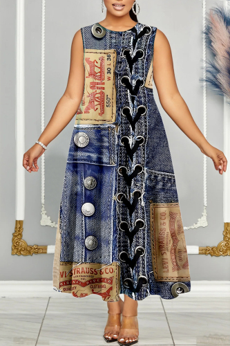 Blue Khaki Casual Denim Print Sleeveless O Neck Long A Line Pleated Midi Tank Dresses