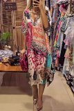 Pink Casual Street Letters Leopard V Neck A Line Short Sleeve Irregular Hem Vacation Midi Shirt Dress