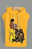 Khaki Casual Graphcis Print Sleeveless Irregular Hem Oversize Hooded T-shirt