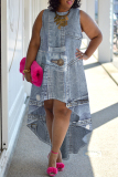 Blue Casual Faux Denim Print Sleeveless O Neck Irregular Hem Loose Vacation Plus Size Tank Midi Dresses