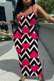 Rose Red Sleeveless Casual Graphcis Print Backless Spaghetti Strap Long Bodycon Maxi Slip Dress
