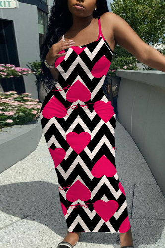 Rose Red Sleeveless Casual Graphcis Print Backless Spaghetti Strap Long Bodycon Maxi Slip Dress
