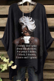 Dark Brown Casual Figure Print O Neck Batwing Sleeve Irregular Hem Oversize T-shirt