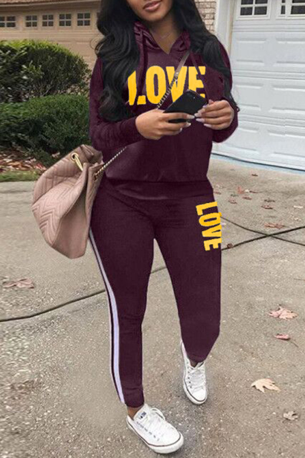 Green Casual Letter Print Long Sleeve Hooded Sweatshirt And Skinny Pants Sportwear Two Pieces Jogger Sets
