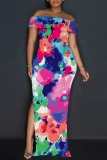 Light Purple Floral Print Sleeveless Backless Off Shoulder High Slit Floor Length Vacation Long Bodycon Maxi Dress