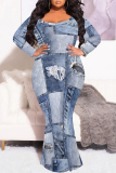 Multicolor Faux Denim Print V Neck Long Sleeve Fishtail Hem Plus Size Bodycon Maxi Dresses