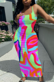 Rose Red Sleeveless Casual Graphcis Print Backless Spaghetti Strap Long Bodycon Maxi Slip Dress