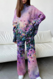Rose Red Casual Floral Print Turtleneck Long Sleeve Blouse And Wide Leg Pants Vacation Two Pieces Trouser Set