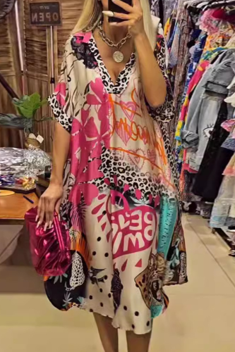 Pink Casual Street Letters Leopard V Neck A Line Short Sleeve Irregular Hem Vacation Midi Shirt Dress
